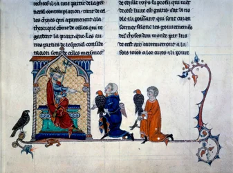 Císař Frederic II (1194-1250) přijímá miniaturní sokolníky z „Umění lovu s ptáky“