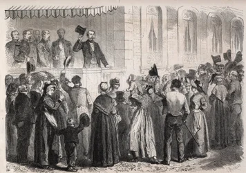 Císař Napoleon III. (1808-1873) na terase vily Strauss a Vichy, přivítán obyvateli venkova v neděli 7. července 1861 - Rytina v „“The Illustrous World““