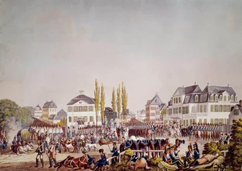 Císař Napoleon I. (1769-1821) hodnotí vojska ve Frankfurtu. Rytina z roku 1813. Frankfurt, Historické muzeum