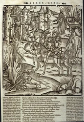 Eneide de Virgil (70 př. n. l. – 19 př. n. l.), kniha XIII (supplementum), trojští hrdinové Enee přijímá Latiny, oběti se přinášejí na počest obětí války. Xylografie od Sebastiana Branta (1458-1521). Štrasburk