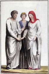 Zasnoubení nebo slib manželství: dextrarum iunctio neboli spojení rovných rukou. Rytina 19. století.