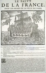 Gravírované dřevo. Politická brožura Mazarinade: „“Spása Francie, v náručí města Paříže““ A – Dobrý génius Francie, pohlcující jeho majestát (Ludvík XIII.) ve své královské flotile, B – princ de Conty, C – vévoda de Bouillon et de la Motte-Hauda