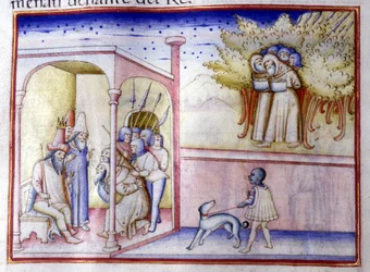 Epizoda života Jozafata z Judska (868 př. n. l. - 847 př. n. l.). Rukopis 14. století. Milan, Bibl, Braidense.