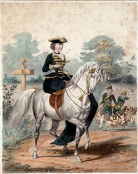 Jezdecký portrét Impress Eugenie kolem roku 1860 (1826-1920). Rytina 19. století. Paříž, dekorativní umění
