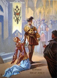 Ernani de Giuseppe Verdi, dějství IV, scéna IV. chromolitograf 19. století.
