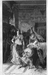 Esmeralda a Fleur de Lys (Fleur-de-Lys). Ilustrace „Notre Dame de Paris“ od Victora Huga (1802-1885). Rytina konce 19. století.