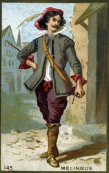 Etienne Marin Mélingue (1808 - 1875), francouzský herec, který hrál roli Artagnana. Chromolitografie 19. století.