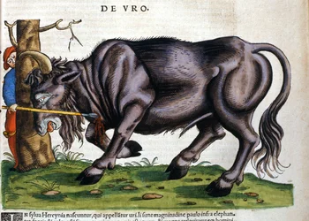 Zubr evropský (Bos primigenius primigenius), jehož plemeno zemřelo v 17. století v „Historia Animalium““ od Konrada Gesnera