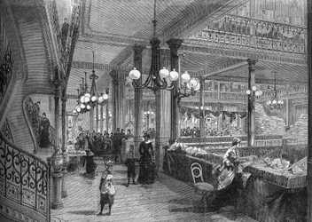 Rozšíření obchodů „Bon marche“: Nová galerie vedoucí k bufetu. Paříž 1880.