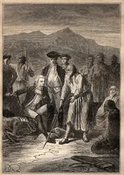 Expedice Kolem světa (1785-1788) od Jeana Francoise Galaupa de La Perouse (1741-1788): námořníci se vylodili na ostrově Saghalia (Sachaline) se setkali se starým mužem, který jim nakreslil mapu Tartarie - ilustrace převzata z „Velké Námořníci z 18. stol