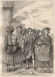 Expedice kolem světa (1785-1788) Jeana Francoise Galaupa de La Perouse (1741-1788): kostýmy obyvatel Concepcionu (Chile) - ilustrace převzata z „Velkých námořníků 18. století““