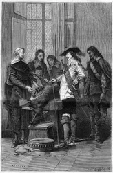 Zkušenosti Williama Harveyho (1578-1657), anglického lékaře ukazující Charlese I. Stuarta (1600-1649), anglického krále a lékařů z Royal College of London, fenomén krevního oběhu na živé lani. Gravírování do ""La Nature""