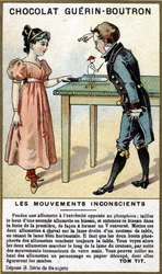 Zkušenost dvou dětí se zápalkami a nožem. Chromolitografie obalů čokolády Guérin Boutron.