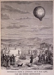 Experiment provedený v Annonay dne 5. června 1783 bratry Montgolfierovými – v „“ Les Contemporains“, n. d. koncem 19. století.