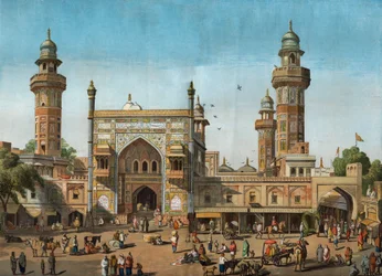 Vnější pohled na mešitu Wazir Khan v Lahore, Pákistán. Gravírování do „“ The illustrated London News““ z 22. května 1858.