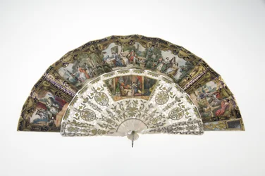 Vějíř, kolem roku 1860, Tištěný a malovaný papír, perleť, zlato, stříbro a měděné kovy a zrcadlo, Výrobce neznámý