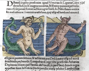 Fantastická stvoření: Mlok a siréna viděná v Nilu. Rytina z "Le livre des prodiges" (Kronika marnotratníků a předzvěstí Basileae) od Wolfharta (Conrad Lycosthene) 1557