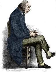 Otec Goriot. Rytina poloviny 19. století. Ilustrace k „Otec Goriot“ od Honore de Balzac (1799-1850).