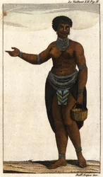 Ženská příslušnice jihoafrického kmene Hotentotů, rytina z roku 1820.
