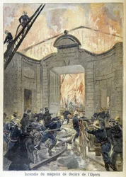 Zásah hasičů při požáru výzdoby opery. ilustrace „Petity Journal“ v roce 1894.