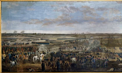 První císařství: Císař Napoleon I. (1769-1821) (na bílém koni) v bitvě u Lipska (bitva národů), 16.-19.