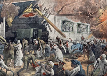 První světová válka: bombardování anglické nemocnice německými letkami, červen 1918 Ilustrace z časopisu "Le pelerin" 18/06/1918 Soukromá sbírka