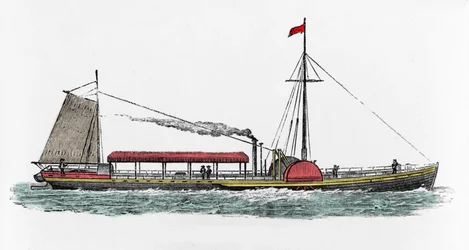 První plavba parníku „Clermont“ od Roberta Fultona (1765-1815), amerického inženýra na řece Hudson, USA