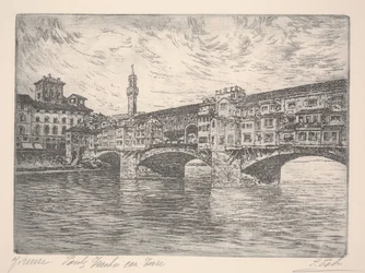 Florencie, Ponte Vecchio s věží, pravděpodobně konec 19. století (lept)