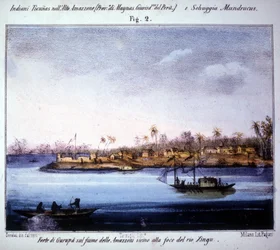 Pevnost Gurupà na řece Amazonce, poblíž ústí Rio Xingu v Ekvádoru. Rytina z let 1846 - 1848.