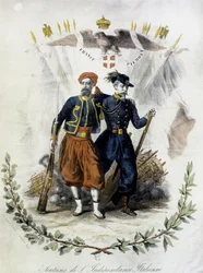 Francie a Piemont, zastánci italské nezávislosti - coul. rytina