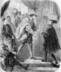 Francois 1., král Francie (1494-1547) a Karel V. (1500-1558) se setkali v Chateau de Chatellerault v lednu 1540. V „“ Histoire populaire de la France““, nd. kolem 1885. Rytina.