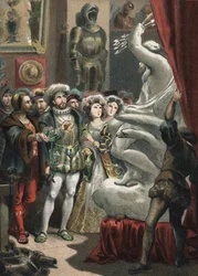 Francois I (1494-1547), francouzský král, u italského sochaře Benvenuta Celliniho (1500-1571) rytina z roku 1881 v „“Cult of Beauty”” od Juana Justa Hugueta, Molinas Hermanos editores