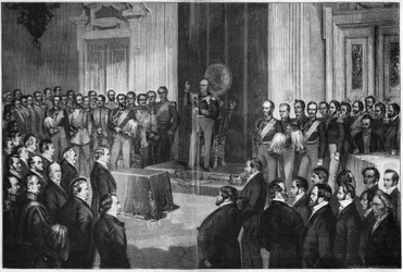 Fridrich Vilém IV. (1795-1861), pruský král, přísaha na ústavu, 6. února 1850, dřevoryt podle Paula Buerdeho