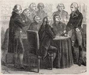 Francouzská revoluce: hrabě Louis Marie de Narbonne-Lara (Narbonne Lara) (1755-1813) ukazující své plány ve výborech shromáždění - rytina v „“The Illustrous World““