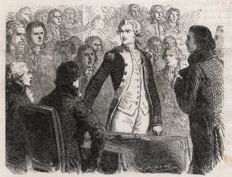 Francouzská revoluce: generál Gilbert du Motier de La Fayette (1757-1834) se vzdává velení Národní gardy - rytina v „Le Monde Illustré“