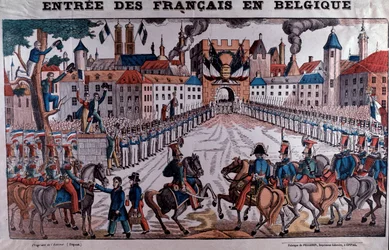 Francouzská armáda vstupující do Belgie na podporu belgické nezávislosti v říjnu 1830 (rytina)