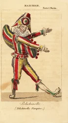 Francouzský komický tanečník a mim Charles-Francois Mazurier jako Polichinello v Polichinelle Vampire od Theodora de Banville v Theater de la Porte Saint-Martin