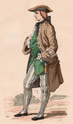 Francouzský gentleman v loveckém kroji, na sobě kabát, vestu a trojrohý klobouk s dýkou v boku během XVIII. století (barevná rytina)