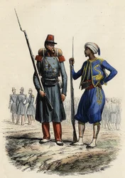 Francouzská vojenská uniforma: Vlevo cizinecká legie zformovaná a vyslaná do Alžírska v roce 1831. Vpravo domorodí jezdci, vycvičení a vyslaní do Alžírska v roce 1841. V knize L