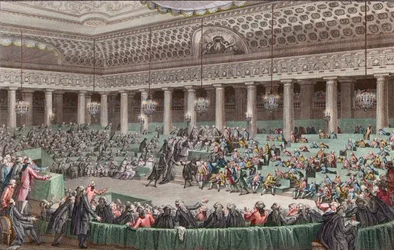 Francouzská revoluce - Národní shromáždění se vzdává všech privilegií, 4. srpna 1789, vyryl Helman - ve Versailles, zasedání v noci ze 4. na 5. srpna 1789