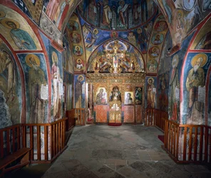 Stěny s freskami (1192), kostel Panayia Tou Araka (kostel Panny Marie z Hrášku), Lagoudhera, pohoří Troodos, Kypr