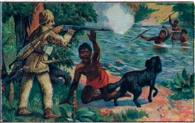 Páteční předání. Ilustrace ke Knize Daniela Defoe (De foe) “” Robinson Crusoe””. Chromolitografie konce 19. století.