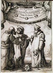 Frontispice „dialogu o dvou velkých systémech světa“ (dialogo sopra i due massimi sistemi del mondo), který zadal papež Urban VIII. astronomovi a fyzikovi Galileo Galilei dit Galilee (1564-1642) kolem roku 1620 a který byl publikován v roce 1632 . To
