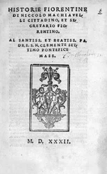 Frontispice of "" Historie Fiorentine od Niccola (od Bernarda dei) Machiavelli (Nicolas Machiavel