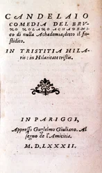 Frontispice „Il candelaio“ (Svícen) od Giordana Bruna (1546-1600), italského filozofa a teologa. 1582