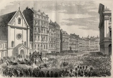 Pohřeb císaře Maxmiliána I. Mexického (1832-1867): příjezd pohřebního průvodu před vídeňský kapucínský kostel. Gravírování v „“L