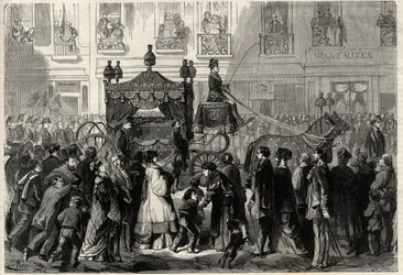 Pohřební průvod během obseques Gioacchino (Gioachino) Rossini (1799-1868) v Paříži. Gravírování v „The Universe Ilustrious“