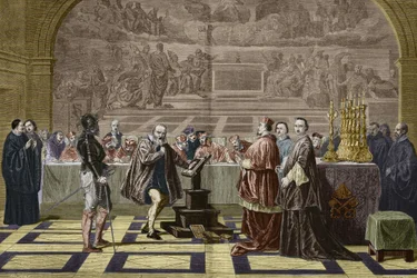 Galilee (Galileo Galilei) před inkvizicí Svatého oficia (Svaté oficium) ve Vatikánu (1632). Rytina podle obrazu Roberta-Fleuryho Josepha Nicolase (1797-1890).