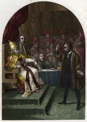 Galilee (nebo Galileo Galilei (1564-1642) před papežem Urbanem VIII. v roce 1633. (Urbano 8 Maffeo Barberini) Rytina z roku 1842 v „Histoire des Popes““ od Maurice Lachatra. Soukromá sbírka.