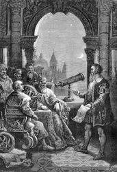 Galileo Galilei (Galileo) představuje první astronomickou lunetu u benátského dóžete.